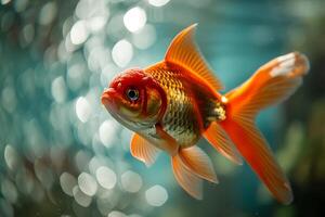 Vibrant goldfish swimming in clear water with bokeh background photo