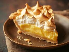 Delicious slice of lemon meringue pie on a rustic plate photo