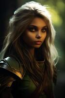 Confident Female Warrior in Armor Posing in a Forest Setting photo