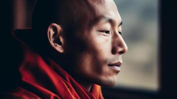Contemplative Monk Looking Through a Window photo