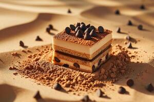 Delicious tiramisu dessert on a sandy background photo