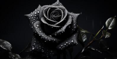 negro Rosa con agua gotas en oscuro antecedentes foto