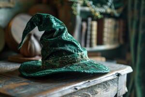 Enchanted Wizard Hat on Wooden Table photo