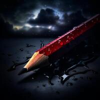 Red pencil on a dark, wet surface with dramatic lighting photo