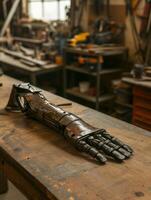 Vintage prosthetic arm on a workshop table photo
