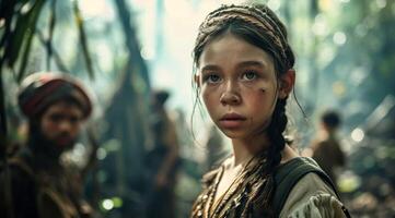 Young girl with a determined expression in a forest setting photo