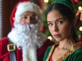 Christmas elf in focus with Santa Claus in the background photo