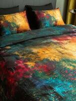Colorful galaxy themed bedding in a modern bedroom setting photo
