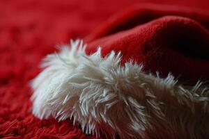 Close up of a white fluffy trim on a red fabric background photo