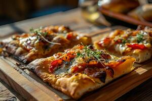Gourmet homemade pizza on a rustic wooden table photo