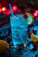 Refreshing Blue Cocktail with Lemon and Cherry Garnish photo