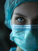 Close up of a healthcare professional wearing a surgical mask photo