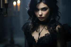 Mysterious woman in a dark, vintage setting photo