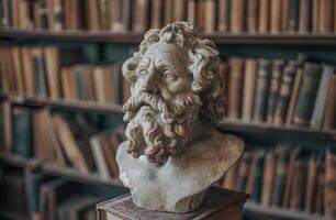 Classical bust sculpture in a library setting photo