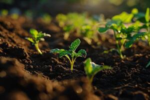 Young plant sprouting from fertile soil with sunlight photo