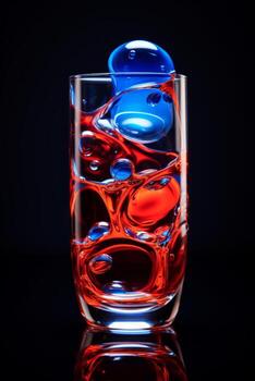 Colorful liquid and bubbles in a clear glass against a black background photo