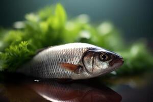 Fresh fish on a reflective surface with green herbs in the background photo