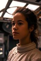 Young woman deep in thought with a contemplative expression photo