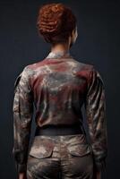 Woman in Stylish Camouflage Jacket Posing Against Dark Background photo