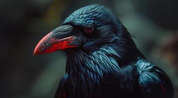 Close up of a Black Bird with a Red Beak photo