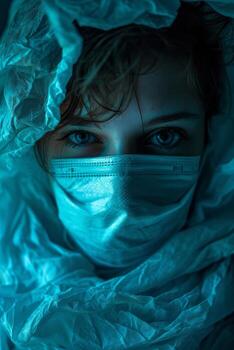 misterioso persona con ojos visible vistiendo un quirúrgico máscara foto