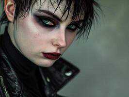 Intense young individual with dramatic makeup and a piercing gaze photo