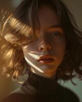 Portrait of a Young Woman with Sunlight Casting Shadows on Her Face photo