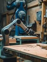 Industrial robot arm working on a woodworking project photo