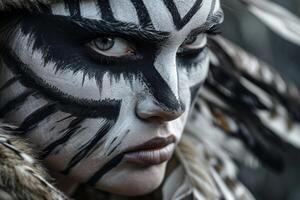 Intense gaze of a person with tribal face paint and feathers photo
