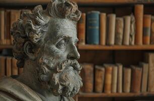 Bronze statue of a historical figure with a bookshelf background photo