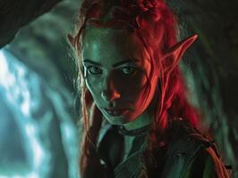 Mystical elf woman in an enchanted forest setting photo