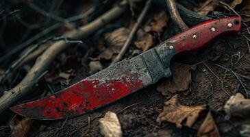 Rusty knife abandoned on forest ground photo
