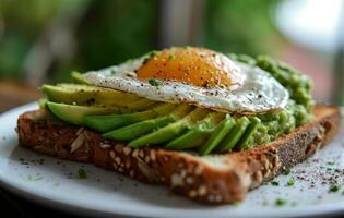 Healthy Avocado Toast with Poached Egg on Top photo