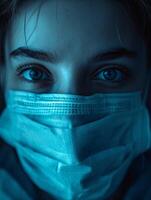 Close up of a persons eyes with a medical mask photo