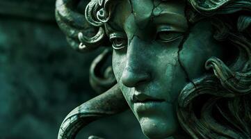 Close up of a weathered bronze statue with intricate details photo