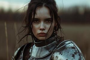 Portrait of a Young Woman in Medieval Armor Looking Intently at the Camera photo