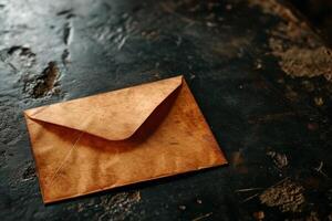 Vintage envelope on a rustic table photo
