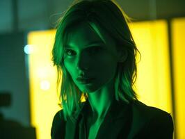 Mysterious Woman in Green Neon Light photo