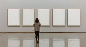 Woman contemplating blank canvases in an art gallery photo