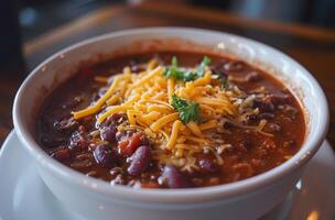 Hearty Bowl of Chili Topped with Cheese and Parsley photo