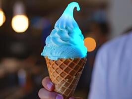 Hand holding a colorful ice cream cone with a blurred background photo