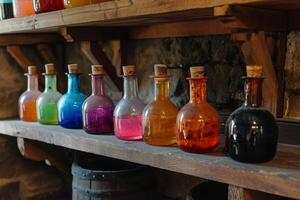 Colorful glass bottles on a wooden shelf photo