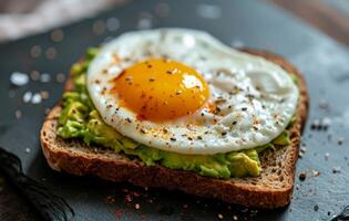 Avocado toast with a sunny side up egg on top photo