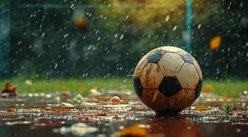Soccer ball on a wet field during rainfall photo