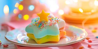 Colorful star topped Christmas cookie on a festive background photo