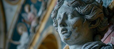 Close up of an Ancient Sculptures Face with Intricate Details photo