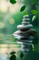 zen piedras en equilibrar por tranquilo agua foto