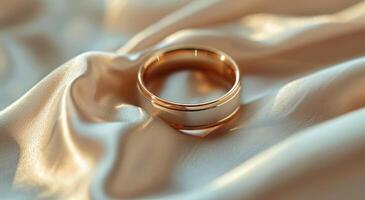 Elegant gold wedding ring on a silk fabric photo