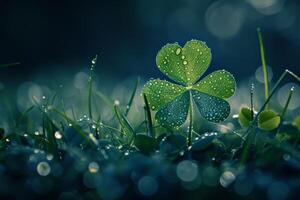 Dew covered four leaf clover shining in the morning light photo