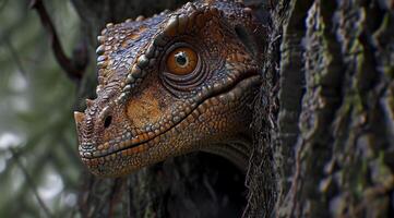 Close up of a Lizard Peeking Out from Behind a Tree photo